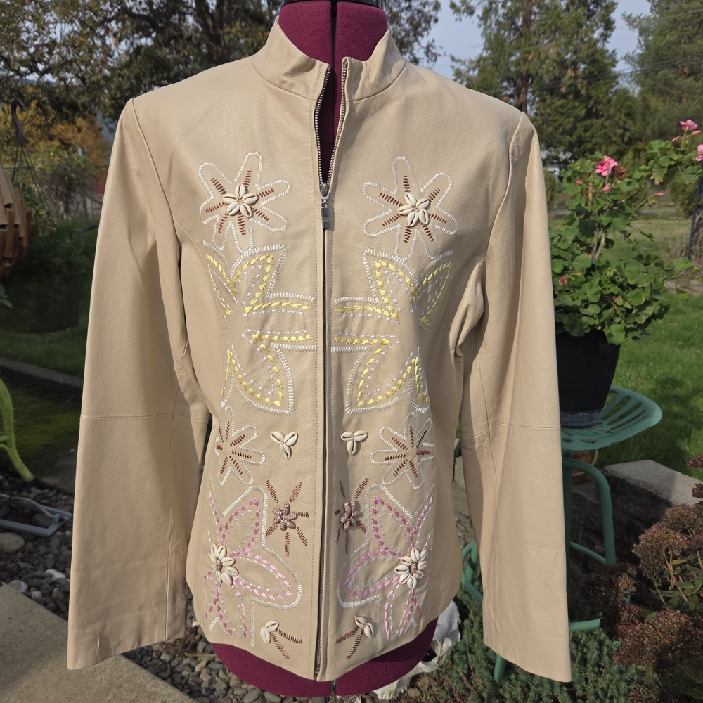 Pamela McCoy Beige Floral Embroidered Leather Jacket. CP